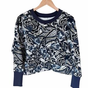JOIE Sweatshirt Crop Jersey Top Paisley Blue Navy Trim Thumbholes Long Sleeve S
